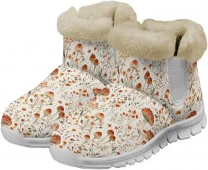 Женские теплые зимние ботинки с меховой подкладкой, снежные ботинки, слипы на щиколотку, уличные нескользящие короткие ботинки, удобная обувь, размер US 6-12 Qoiuvncy, Mushroom And Flowers