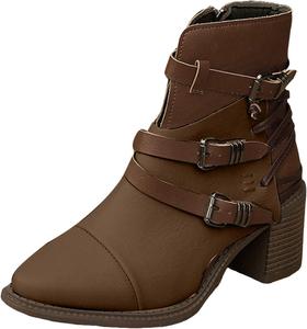 Женские ботильоны с пряжкой, массивным каблуком, ретро-стиле, на молнии, с классическим заостренным каблуком, нескользящие байкерские ботинки для вечеринки, повседневной носки и свиданий BEDGMDEG, Brown