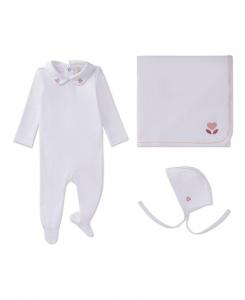 Детский комбинезон для девочек из 3 предметов, 100% пима-пима, с воротником "Питер Пэн" и вышитыми сердечками MeMoi, Winter white