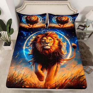 Erosebridal Комплект постельного белья Yellow Lion с синим звездным небом и дикими животными, Yellow,blue