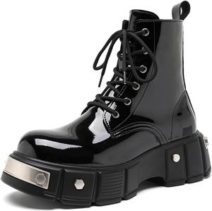 Мужские ботинки Чукка на шнуровке с модной боковой молнией, заклепками, байкерским стилем, кожаной платформой с рифленой подошвой, удобные с круглым носком, панк-ботинки до щиколотки, боевые ботинки для мужчин Generic, черный