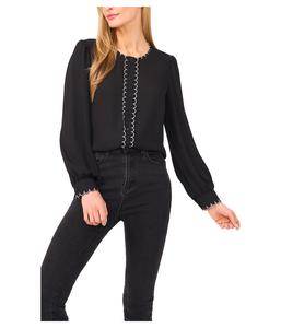 Топ CeCe Long Sleeve Button Down Contrast Scalloped Top, цвет Rich Black