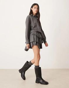 Мини-платье-рубашка ASOS DESIGN с заниженной талией и плиссированной юбкой в ​​серую полоску