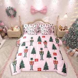 Erosebridal Комплект постельного белья Christmas Nutcracker с рождественским принтом, розовый, включает одеяло и наволочки, Pink Green Red