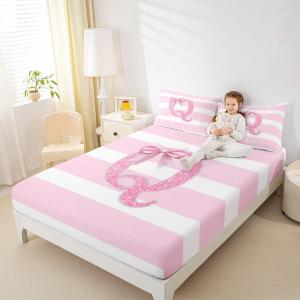 Erosebridal Комплект постельного белья Kawaii Bow Monogram Letter Q с розовыми бантами и полосками, Pink White Q