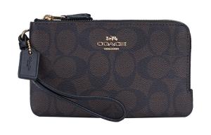 Кошелек на запястье с угловой молнией из монограммированного холста с кожаными вставками мини женский черно-коричневый COACH