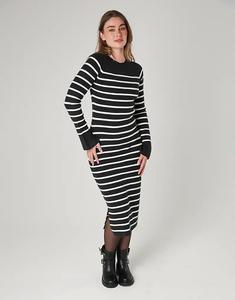 Уютное платье миди French Connection в полоску с расклешенными рукавами темно-серого цвета