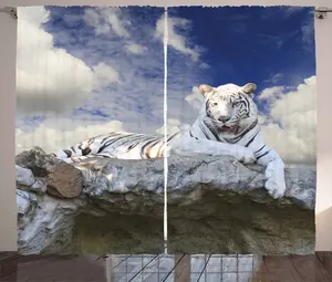 Штора ABAKUHAUS Tiger Rustic, охотничья тема Бенгальской кошки, присборенная штора для спальни с петлями и крючками, 280 x 175 см, цвет "яичная скорлупа", небесно-голубой, белый Abakuhaus