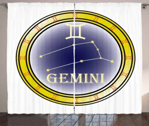 Штора в деревенском стиле Знак зодиака Близнецы от ABAKUHAUS, круг и знак, для спальни, присборенная тесьма с петлями и крючками, 280 x 225 см, цвет: темно-синий, оранжево-желтый Abakuhaus