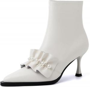 Женские ботильоны TinaCus ручной работы из натуральной кожи с кружевами, жемчужной отделкой, боковой молнией, заостренным носком и средним высоким каблуком-стилетто, White