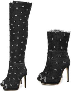 Женские джинсовые ботильоны SHEMEE с открытым носком на шпильках, летние ботинки с молнией, высокие каблуки, сандалии, Long Black