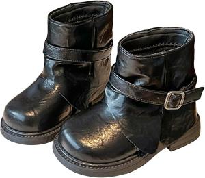 Детские ботинки для девочек и мальчиков, боевые ботинки на щиколотку, малыши, водонепроницаемые, для улицы, осень-зима, из ПУ-кожи, удобные боевые туфли, классические короткие ботинки с пряжкой, низкий каблук, ботинки на щиколотку для детей Generic, Black