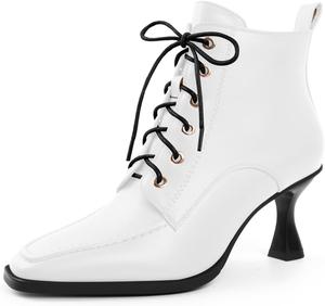 Женские ботильоны с квадратным носком, каблук 7 см, регулируемые шнурки, боковая молния, короткие сапожки Jaffamiraco, Matte White