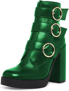 Женские ботильоны YDN на толстом высоком каблуке, круглый носок, боковая молния, пряжка, ремешки, стильные ботинки для вечеринок в стиле панк, размеры 4-15 US, Green