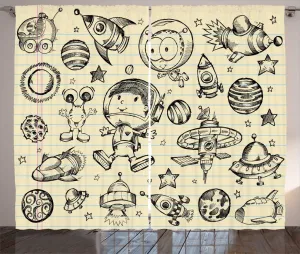 Шторы ABAKUHAUS Space Rustic, Мальчик-космонавт, Планеты, универсальные ленточные шторы для гостиной с петлями и крючками, 280 x 225 см, цвет кремовый-кока-серый