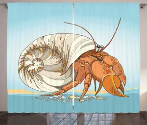 Штора ABAKUHAUS Краб-отшельник в деревенском стиле, с графическим рисунком, универсальная ленточная штора для гостиной с петлями и крючками, 280 x 225 см, сине-оранжевый Abakuhaus