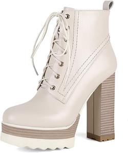 Женские ботинки TinaCus из натуральной кожи с круглым носком, ручной работы, на высокой массивной платформе с боковой молнией и шнуровкой, Off-White
