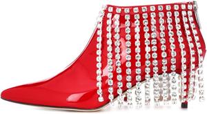 Женские ботильоны XYD с ниспадающими кристальными ремешками, низкий каблук, заостренный носок, с молнией, праздничные туфли, Red