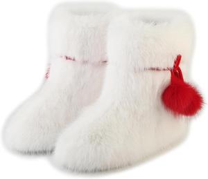 Женские сапоги с искусственным мехом, замшевые зимние пушистые туфли с округлым носком, теплые снежные удобные плюшевые короткие, на плоской подошве, до середины голени и высокие меховые пушистые сапоги HIPRETTYUS, White