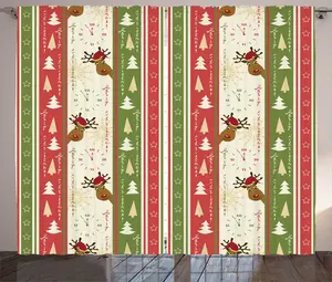 Рождественская штора ABAKUHAUS в деревенском стиле, бордюры с соснами, универсальные ленточные шторы для гостиной с петлями и крючками, 280 x 175 см, цвет: зеленый, темно-коралловый, белый Abakuhaus