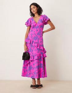 Платье мидакси Lovedrobe с цветочным принтом и v-образным вырезом, рукавами-крылышками, фиолетового цвета