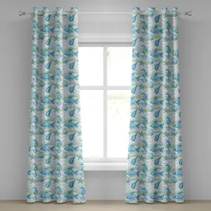 Шторы на люверсах ABAKUHAUS с морским рисунком, ракушками, морскими звездами, устрицами, моллюсками, морскими коньками и подводным миром, декоративные двухпанельные шторы, 280 см x 245 см, цвет мятно-голубой Abakuhaus