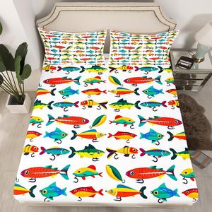 Erosebridal Комплект постельного белья Fishing с морскими животными и рыболовными крючками для детей, Yellow Blue White