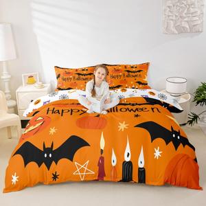 Erosebridal Комплект постельного белья Halloween с готическими летучими мышами и тыквами в винтажном стиле для детей и взрослых, Black Orange