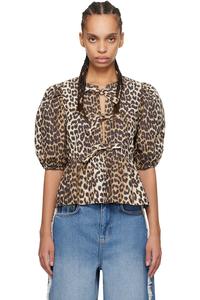 Хлопковая поплиновая блузка с баской и завязками Ganni, цвет leopard