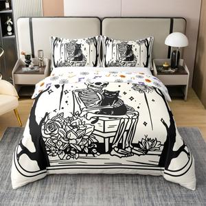 Erosebridal Готический комплект постельного белья Halloween Skull с черепами и котами, 100% хлопок, рисунок с луной и солнцем, Light Grey Black White