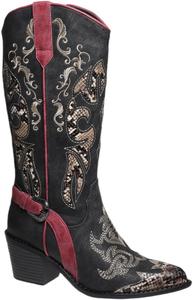 Женские сапоги Pierre Dumas в стиле ретро, зимние, с острым носком, вышивкой и ковбойским дизайном до колена, Black Combo