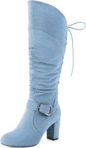Женские сандалии Zamikoo, свободные ботильоны до колена с круглым носком, массивным каблуком, боковой молнией и металлической пряжкой, высокие повседневные сапоги на каблуке 3,5 дюйма, Suede Light Blue