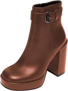 Женские классические ботильоны FYS с квадратным носком, массивной платформой, ремешком с пряжкой, высокими широкими каблуками, с боковой молнией, модные зимние сапоги, размеры 4-16 US, Brown Patent