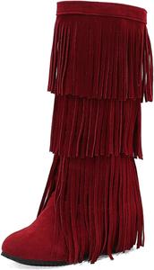 Женские вестерн-башмаки с бахромой, с теплой меховой подкладкой, массивным каблуком, ковбойские сапоги с круглым носком, наколенники, сапоги для ковбойшек Generic, Red