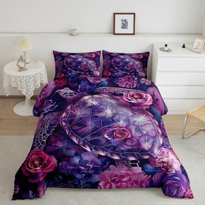 Erosebridal Комплект постельного белья Sea Turtle с романтичными розами и цветочным узором в фиолетовых тонах, Purple Blue