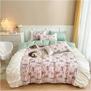 YUSIWOAL Комплект постельного белья в стиле французского кантри с цветочным принтом и плиссировкой из дышащего хлопка Color 2