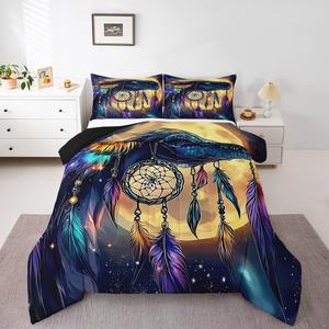 Erosebridal Комплект постельного белья с красочными динозаврами в стиле бохо с луной и звездами, Yellow Purple Teal