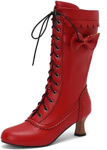 Винтажные викторианские женские сапоги на шнуровке, сапоги средней длины с низким каблуком-киссетом, крыловидные, ведьминские, ренессансные, готические сапоги бабушки, подошва против скольжения для вечеринок, выпускного или вечера Generic, Red
