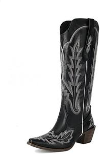 Женские ковбойские сапоги до колена, ковбойские сапоги с вышивкой в ретро стиле, массивные каблуки, заостренный носок, длинные западные сапоги Generic, Black