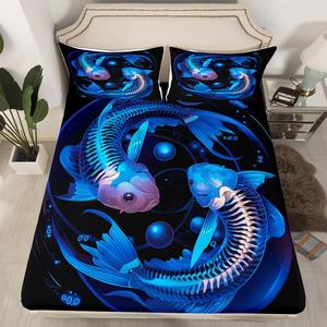 Erosebridal Комплект постельного белья Kawaii Koi Fish с морским принтом в сине-черных тонах, Black Blue