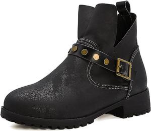 Женские классические вестерн-ботильоны VOKLIN с пряжкой, вырезом V, круглым носком, на низком плоском каблуке, Black-Velvet Lined