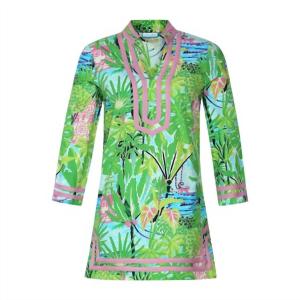 Jungle Island Long Sleeve Cabana Cover-Up In Green Carvalho Couture