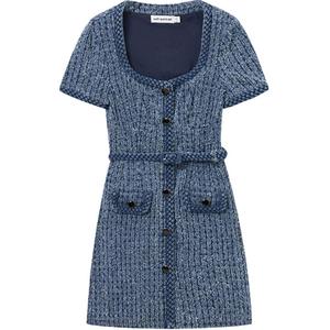 Self Portrait Платье с короткими рукавами Женское Джинсовый синий