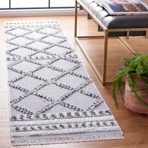 Ковер-дорожка SAFAVIEH, 61 x 275 см, Augustine Collection - , Grey & Ivory, марокканский богемный племенной дизайн с бахромой, хлопок, простой уход, идеально для помещений с высокой проходимостью в гостиной, спальне (AGT714F)