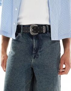 Ремень ASOS DESIGN в стиле вестерн с цветочным принтом и заклепками из искусственной черной кожи