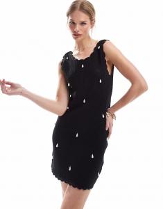 Пляжное мини-платье 4th & Reckless, связанное крючком, с отделкой в ​​виде гребешков и жемчугом, черного цвета