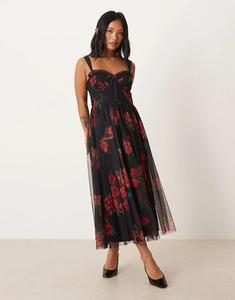 Платье мидакси с корсетом из тюля Lace & Beads Petite, цвет: черный, розовый