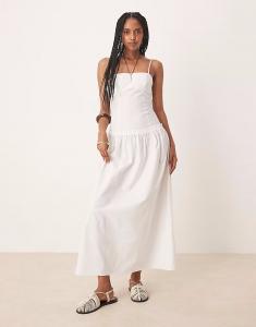 Платье макси из поплина с бретельками, швами и пышной юбкой белого цвета Asos Design