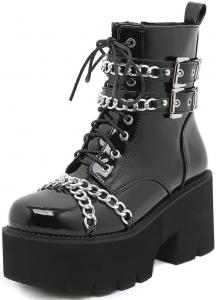 Makmeoyw Женские готические ботильоны на платформе с черной цепью, панк ботинки до середины голени