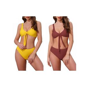 2 комплекта женского бикини с кружевной шнуровкой и эффектом пуш-ап, 2 предмета: топ на широких бретелях и треугольные трусики Inspire Chic, Yellow Brick Red